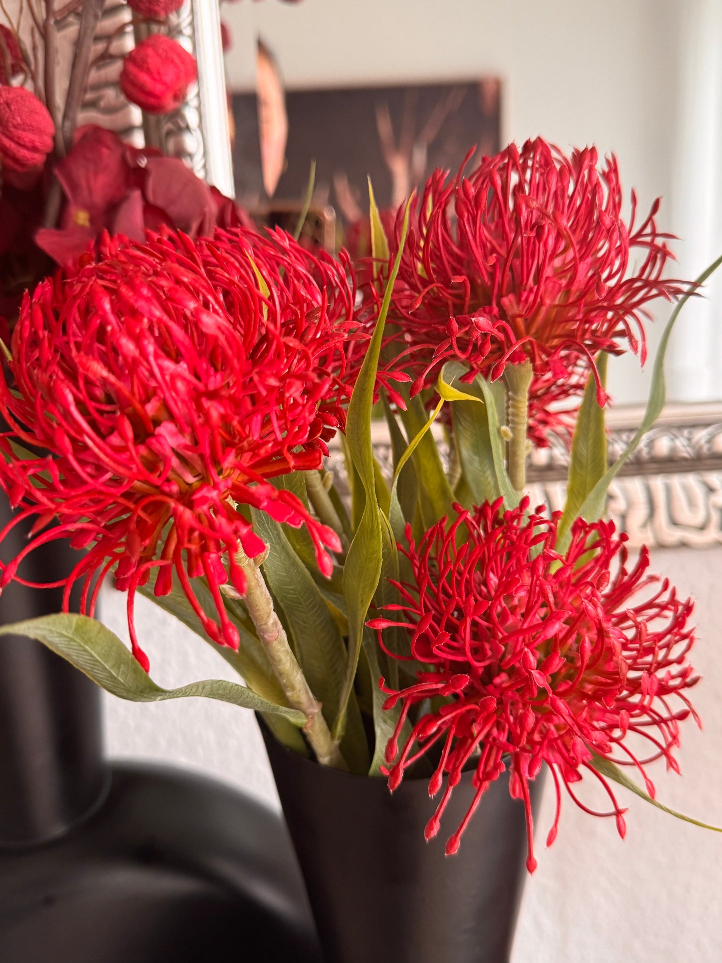 Protea Nadelkissen Blumenzweig Rot Pink 52 cm