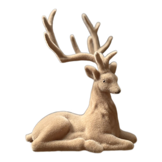 Hirsch sitzend beflockt in Beige 20 cm