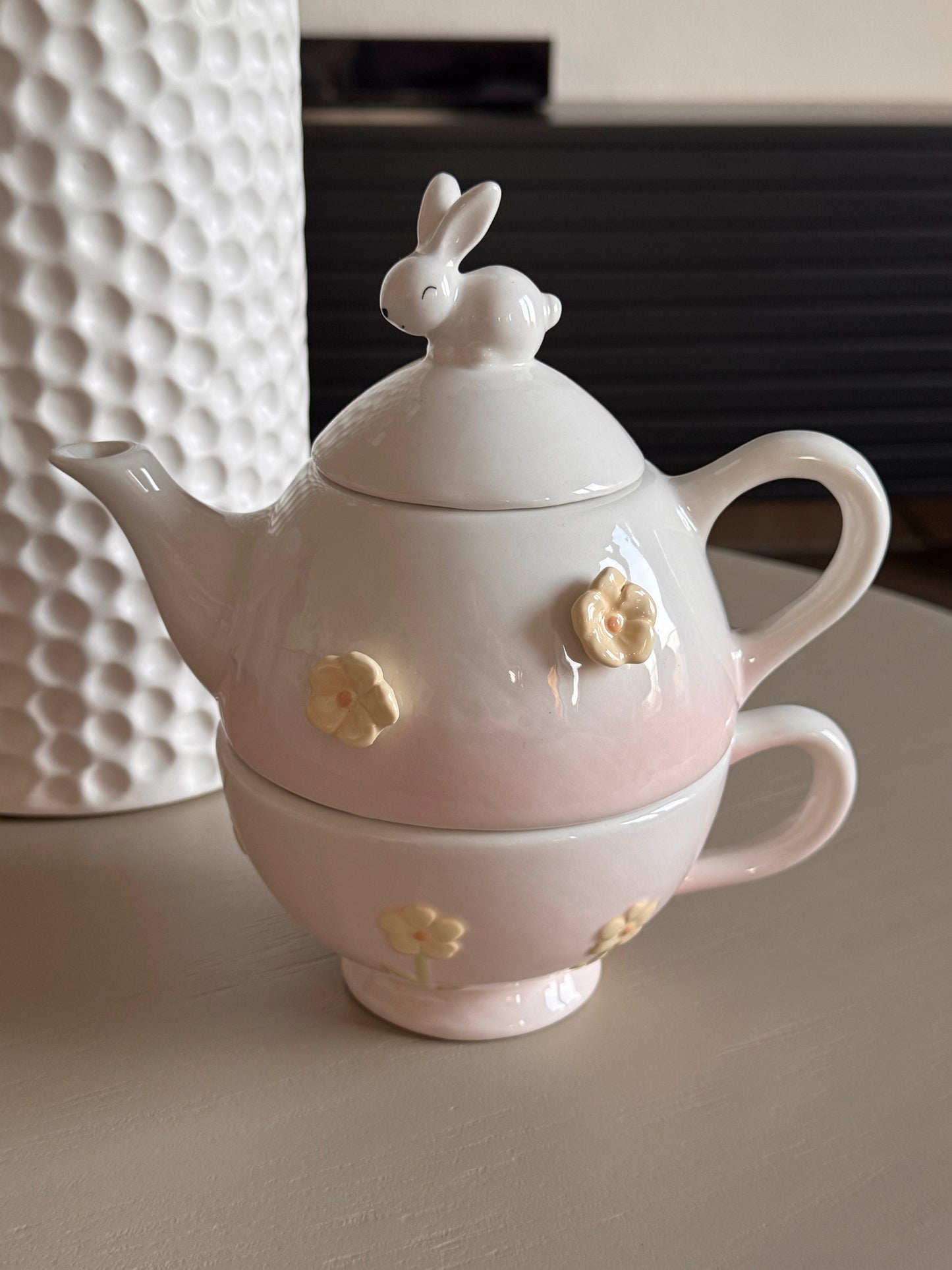 "Tea for One " Set mit Häschen und Blüten in Rosé/Weiß von Clayre & Eef