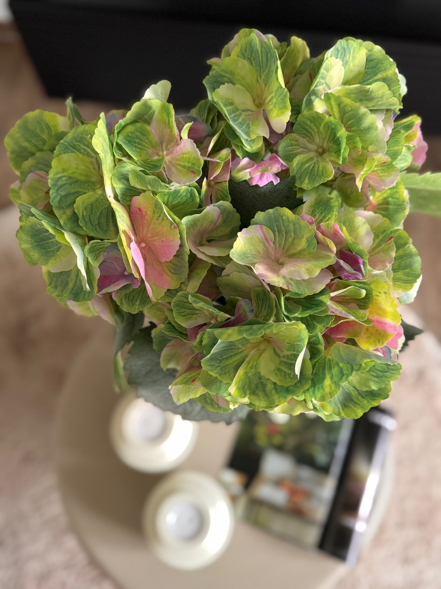 Kunsthortensie Zweig in Grün&Pink 66 cm