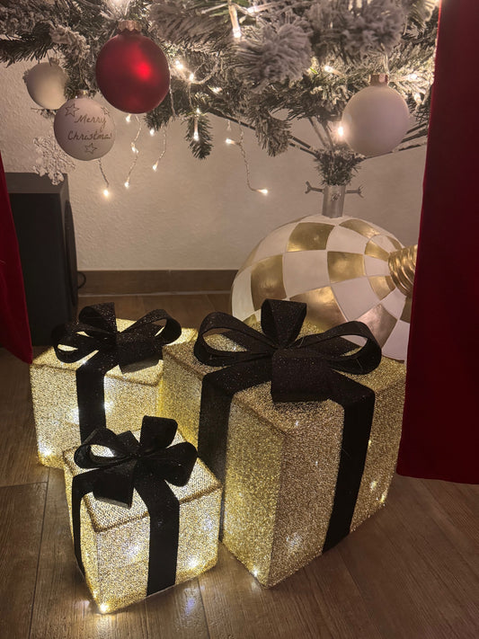 LED Deko Geschenkboxen " Gold Edition" 3er Set mit schwarzer Schleife