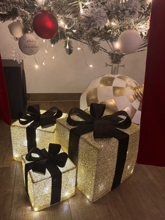 LED Deko Geschenkboxen " Gold Edition" 3er Set mit schwarzer Schleife - JP Lifestyle & More